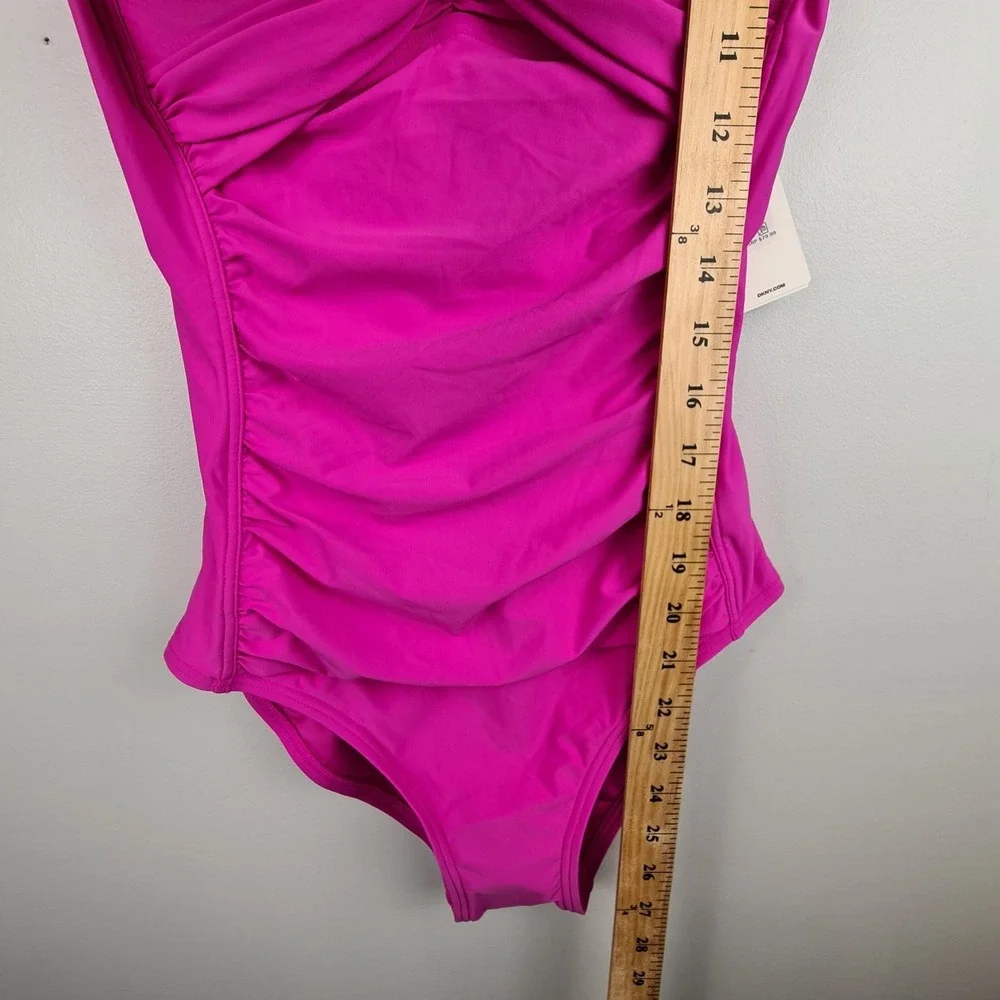 DKNY Women's Twist-Front One-Piece Swimsuit Carnation Pink Medium Tummy Compress - Picture 10 of 11